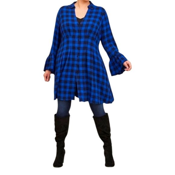 TORRID MINI GAUZE Long Bell Sleeve Royle Blue & Black Plaid Mini Dress 2X - Picture 1 of 14